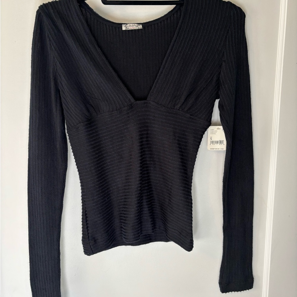 Free People Black Ribbed Long Sleeve Top